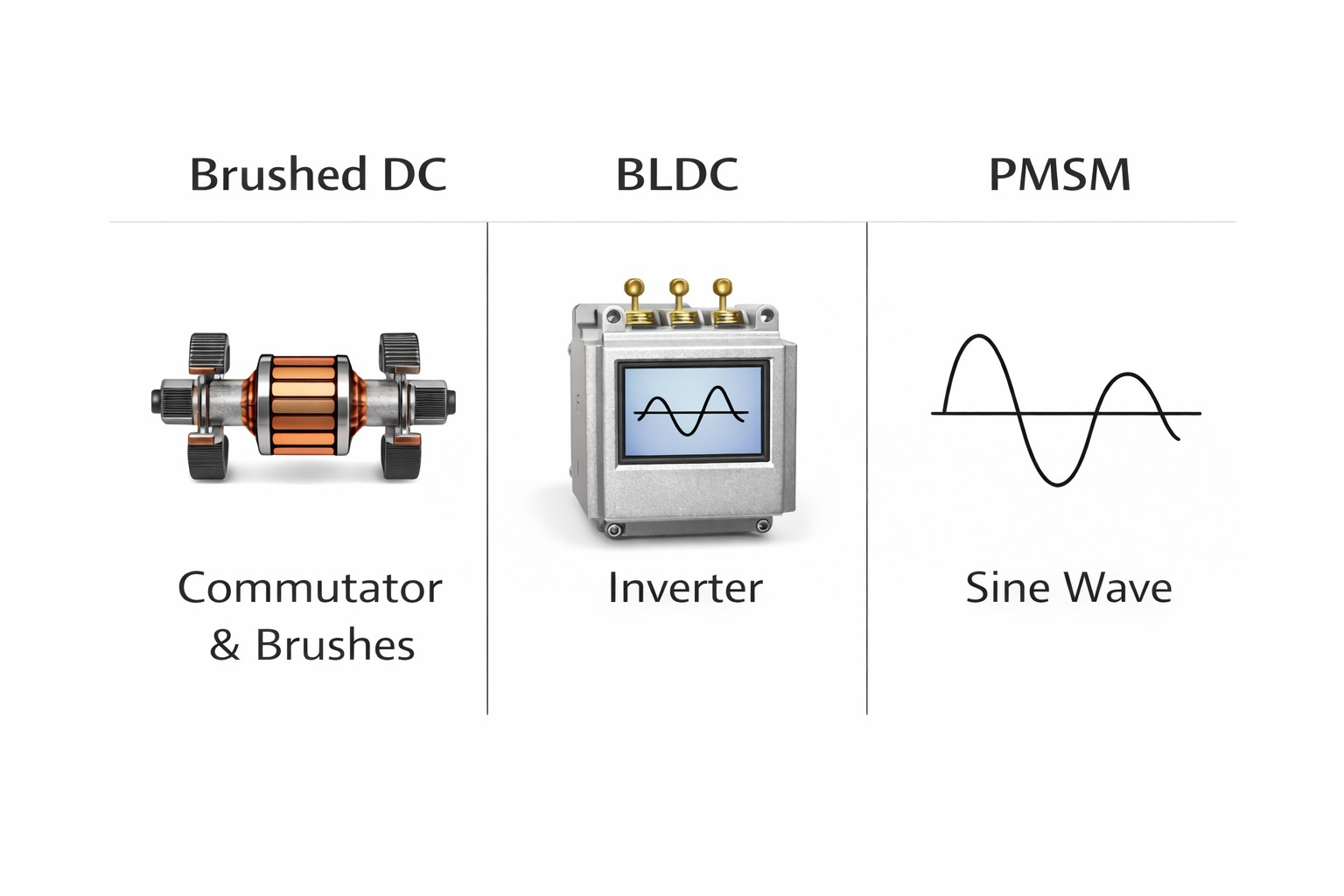 Figure 2. BLDC vs Brushed DC vs PMSM