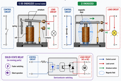 Figure 2. Relay Operation in De-Energized, Energized, and Solid-State Modes