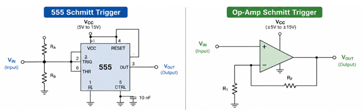 Figure 6. 555 vs Op-Amp Schmitt Trigger