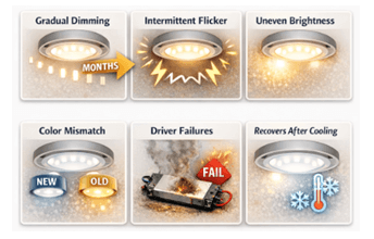 Figure 4. Field Signs of Thermal Overload in Installed LED Fixtures