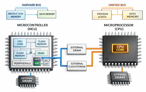 Figure 2. Microprocessor vs Microcontroller Internal Architecture