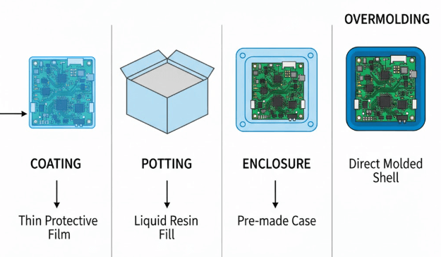 Figure 2. Comparing PCB Overmolding to Other Protection Methods