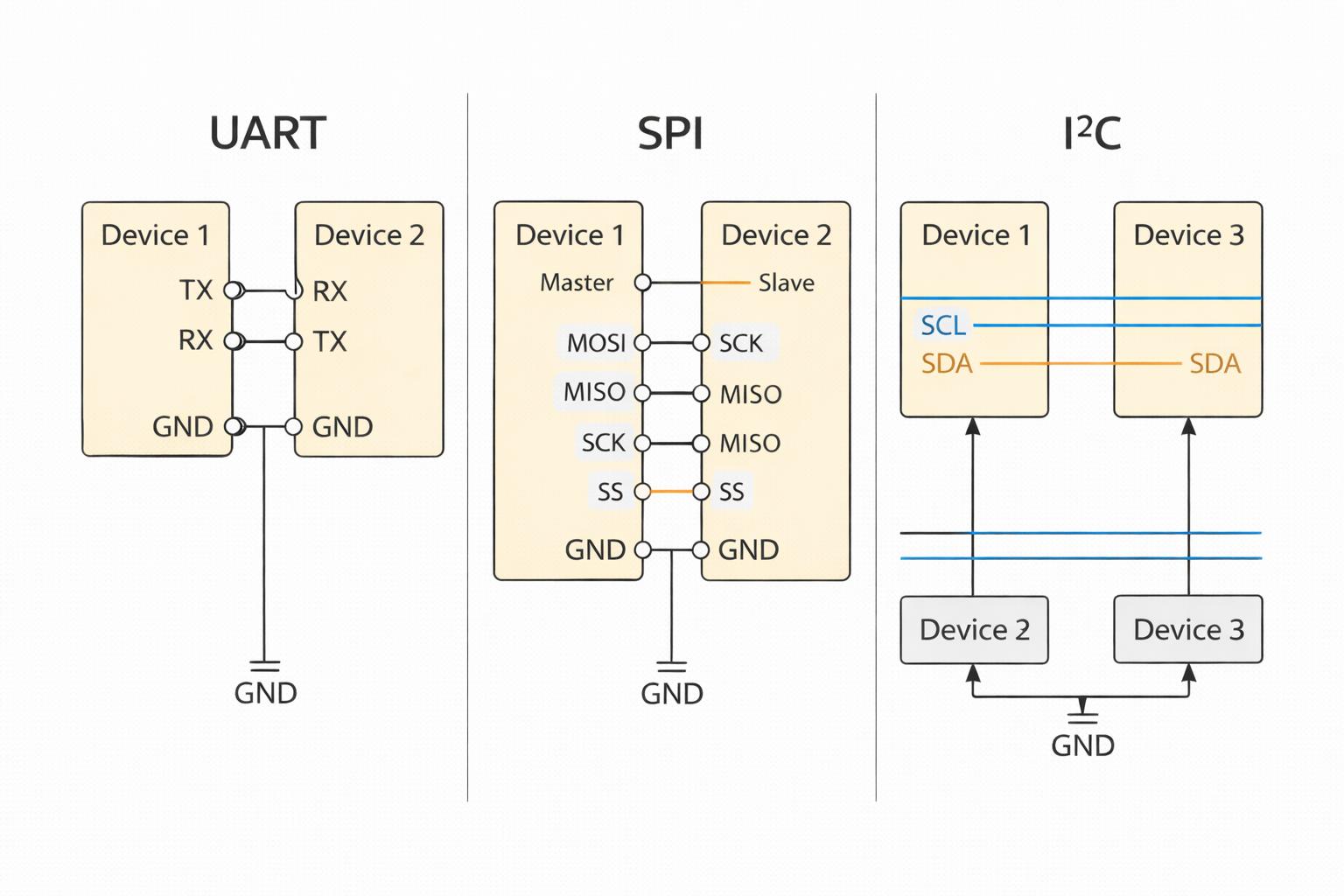 Figure 5. UART, SPI, and I2C Compared