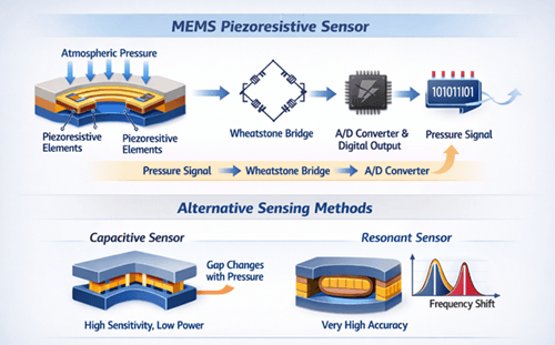 Figure 2. MEMS Barometric Pressure Sensor Working Principle and Alternative Sensing Methods