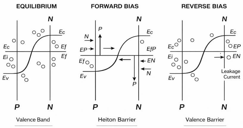 Figure 4. Energy Bands in Forward Bias vs Reverse Bias