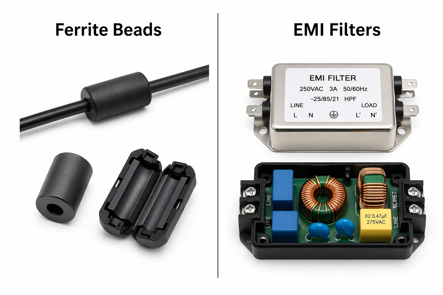 Ferritperler vs. EMI-filtre: Funktioner, anvendelser og grænser
