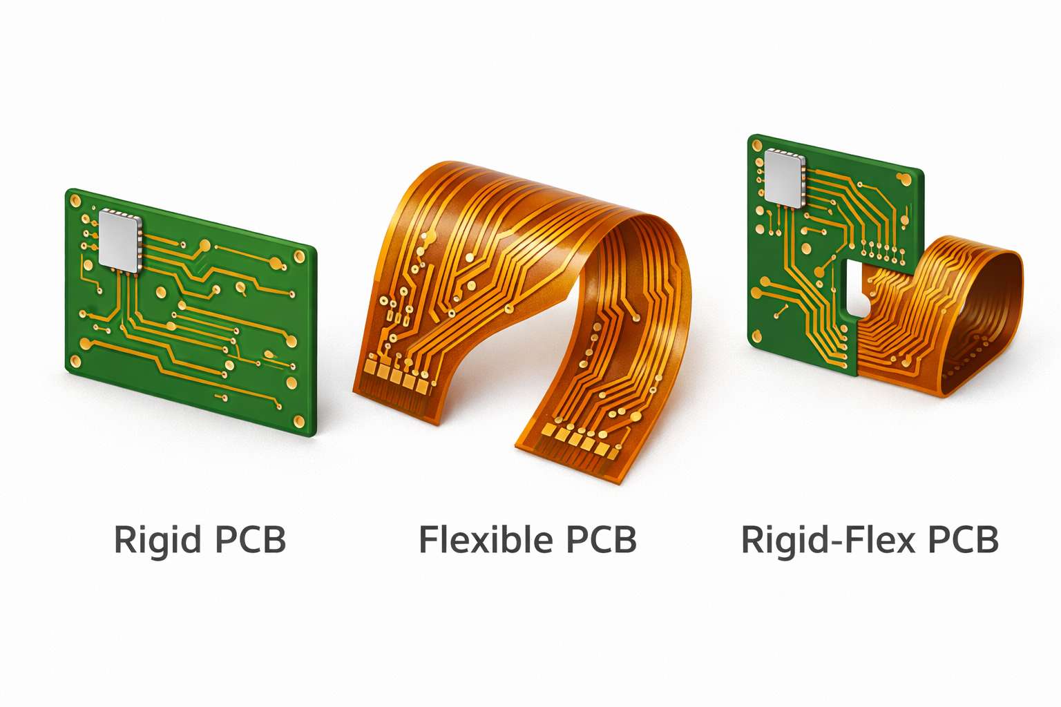 Figure 2. Flexible vs. Rigid vs. Rigid-Flex PCBs